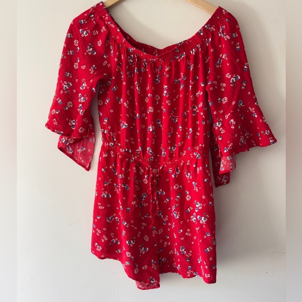 Express Red Floral‎ Off the Shoulder Flare Sleeve Romper